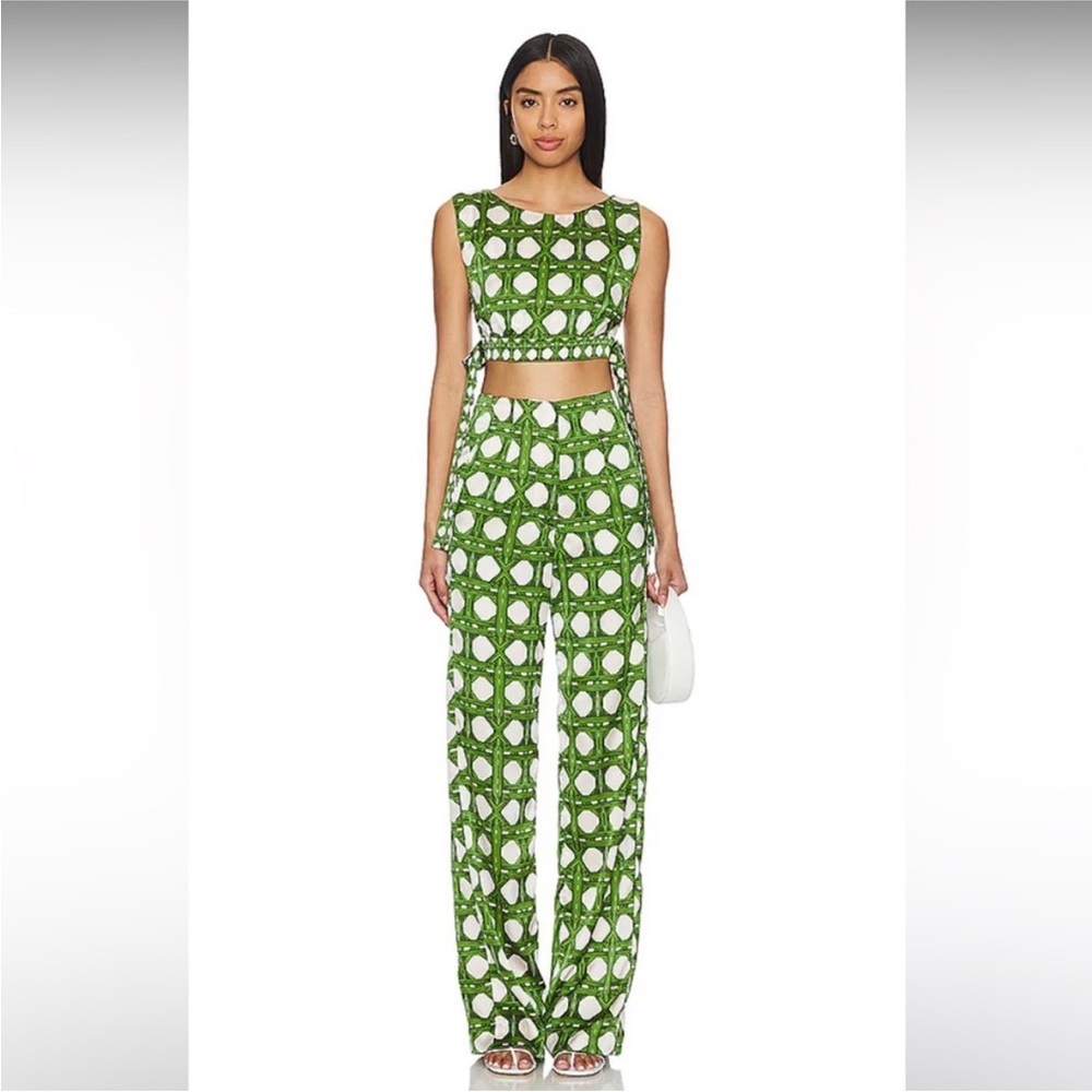 Misa Los Angeles Green & White Geometric RATTAN Print Pants and Crop Top